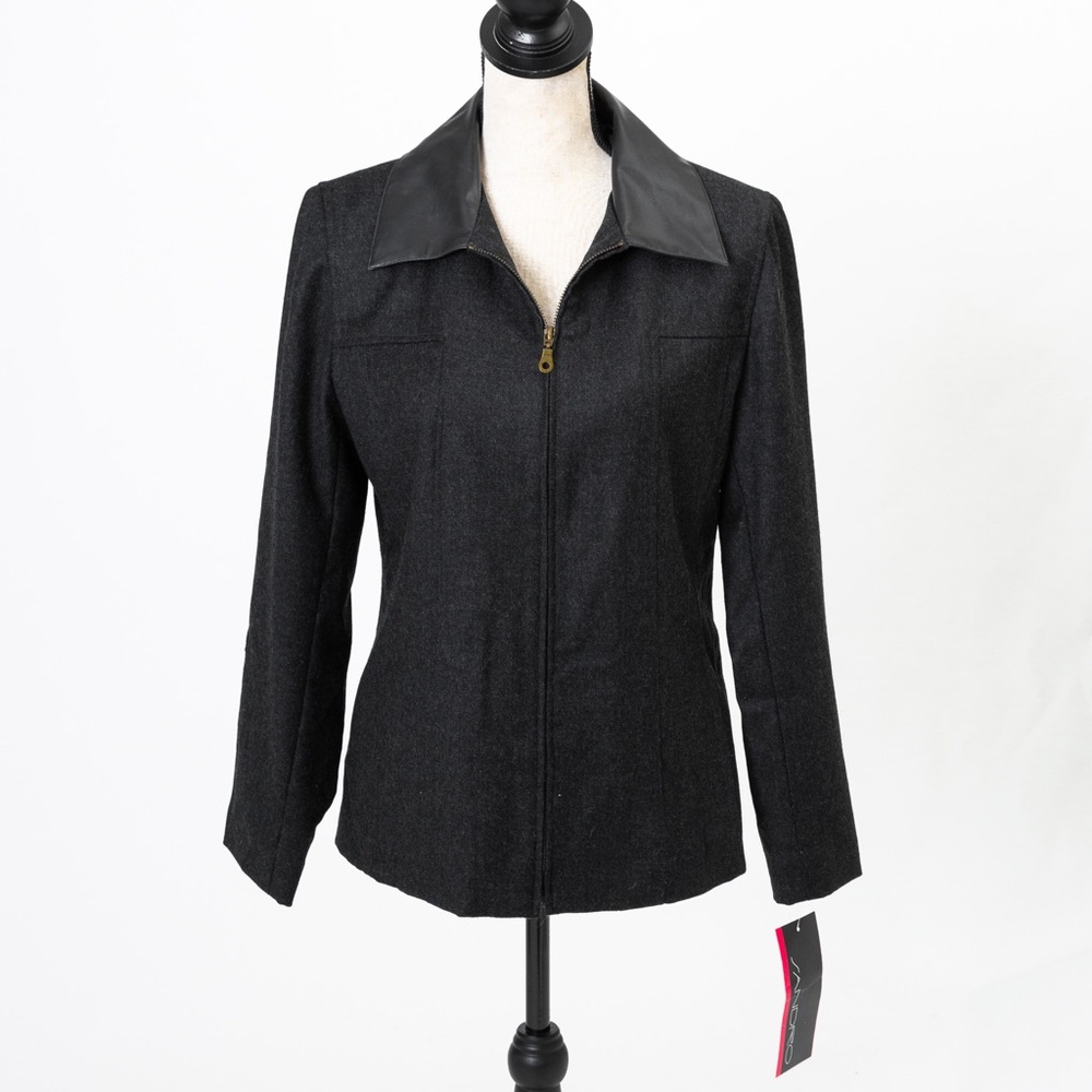 Sandro 100% wool black charcoal zipper front jacket with faux leather collar 10
